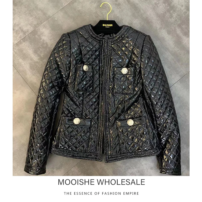 Winter New Round Neck Long-sleeved Plaid Traces Decorative Shiny PU Padded Pocket