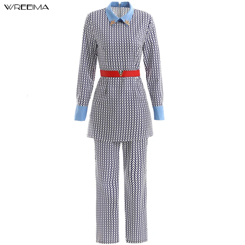 

Full Sleeves Office Work Style FASHION Two Pieces/suit Women Clothes Turn-Down Neck Zippers Back Printed Formal Clothing Set