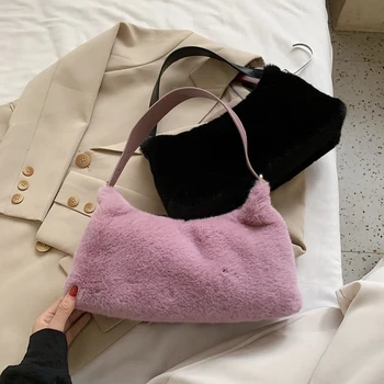 

2020 Winter Soft Plush Shoulder Bags For Women Fluffy Underarm Bag Female Solid Color Warm Fur Handbag Large Capacity Tote Bags
