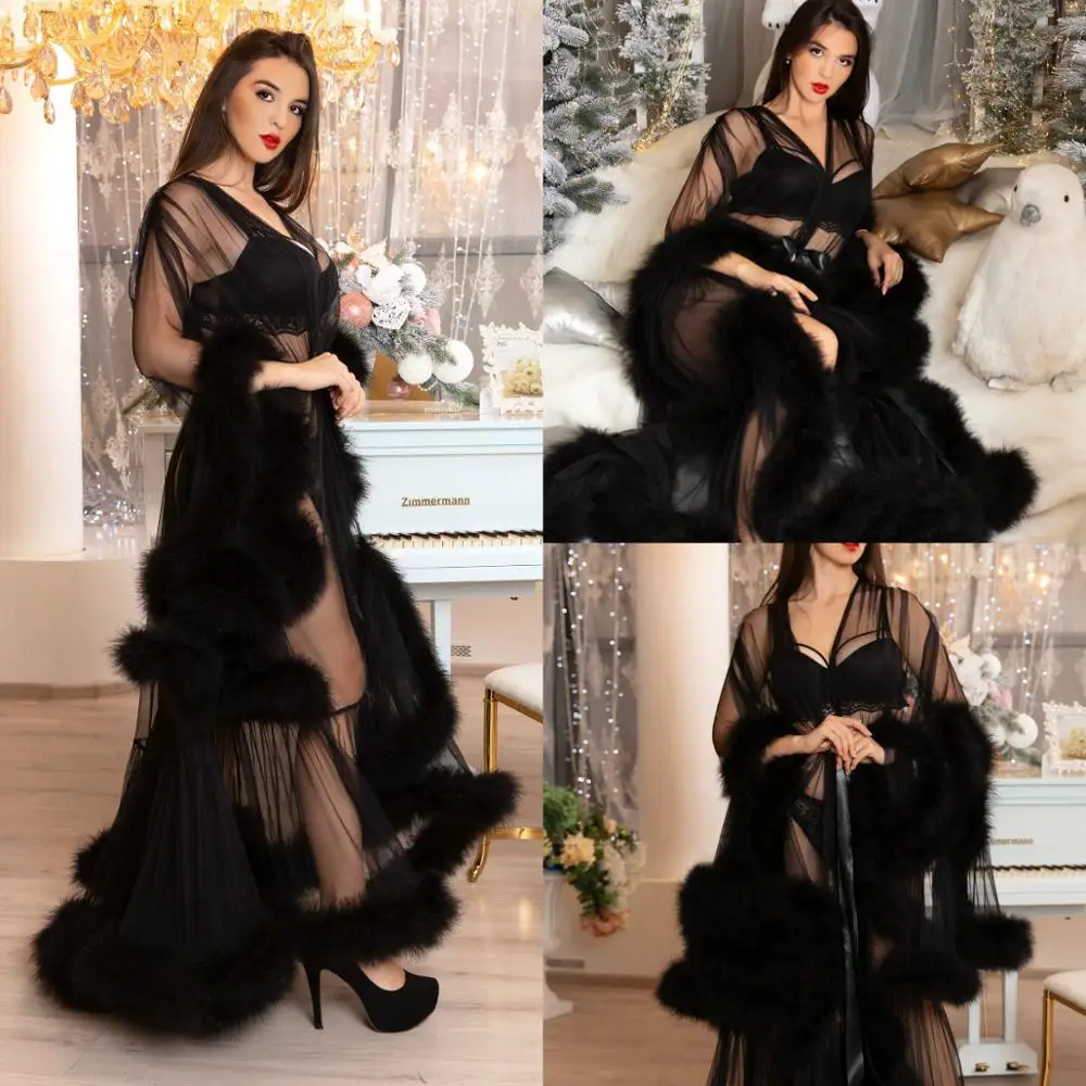 Черная Пижама Bathdress роскошный меховой халат ночная рубашка кимоно халат Babydoll белье Банный халат сексуальная ночная рубашка