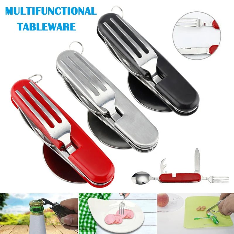 

High Quality 4 in 1 Multifunctional Tableware Folding Stainless Steel Spoon Fork Cutter Bottle Opener for Camping NCM99