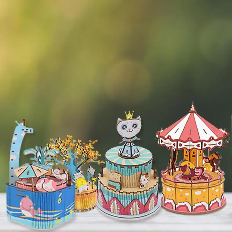 DIY Wood Music Box Carousel Birthday Gift Toy with Machine Core Home Decor