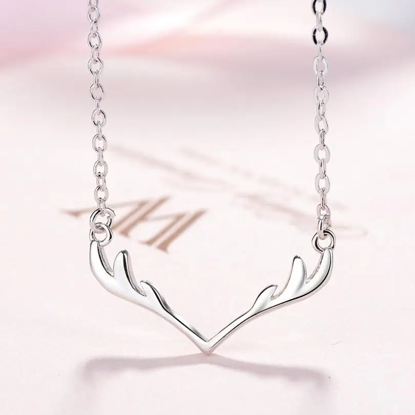 Exquisite Simple Antlers Deer Pendant Necklaces For Women Trend Short Clavicle Chain 925 Sterling Silver Jewelry SAN193