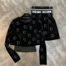 Новинка осени года, лидер продаж, футболка с длинными рукавами и рисунком+ юбка с завышенной талией комплект из двух предметов комплект модной юбки для девочек-студенток