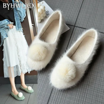 

2019 New Women Flat Shoes Long Fluffy Winter Women's Warmth Boat Shoes Korean Casual Students Lok Fu Shoes Fashion Cotton Shoes