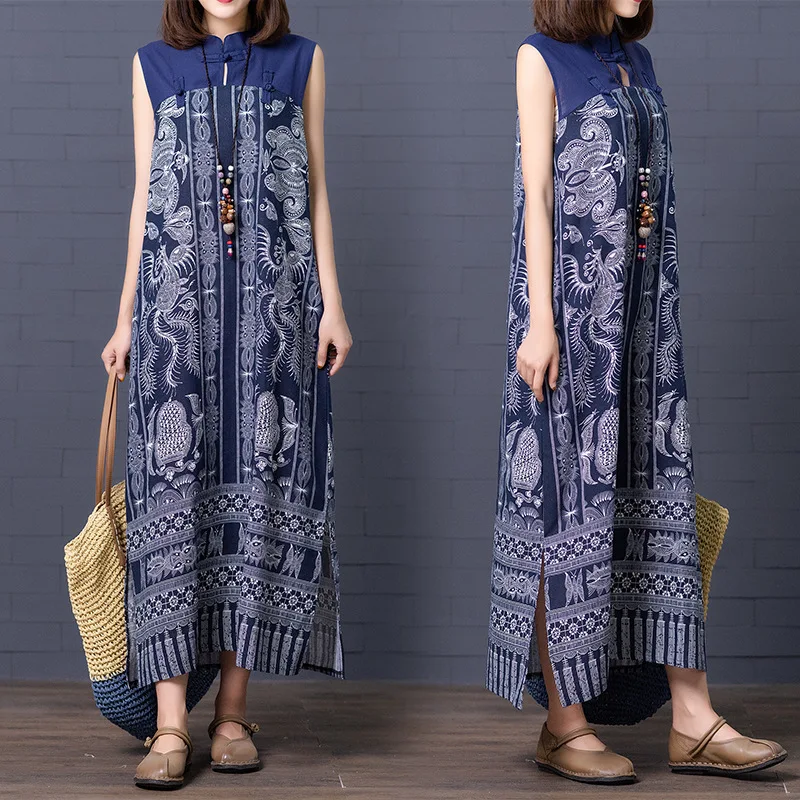 

Photo Shoot 2019 New Style Summer Large Size Dress Printed Loose-Fit Slimming Cotton Linen Sleeveless Mid-length Dress
