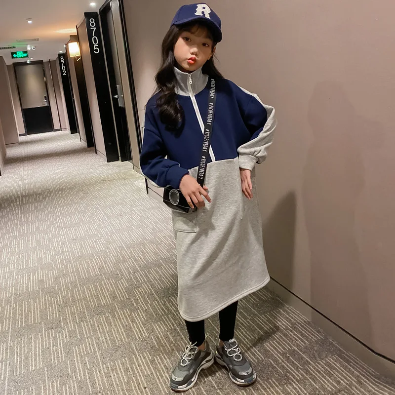 

2019 New Fashion Patchwork Girls Winter Dress Long Style Casual Kids Dress for Girls Plus Velvet Thicken Baby Girls Dress,