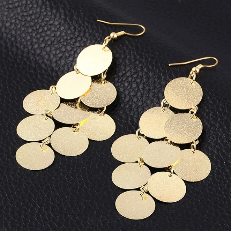 

Fashion Elegant Metal Geometry Round Long Drop Earrings Jewelry Multilayer Leaf Long Coin Earring for Women Wedding Gift