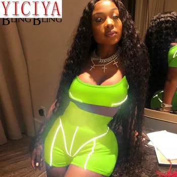 

Reflective Stripe Neon Fitness 2 Piece Set Women Summer Outfits Short Crop Top Elastic High Waist Shorts Sets festival clothing