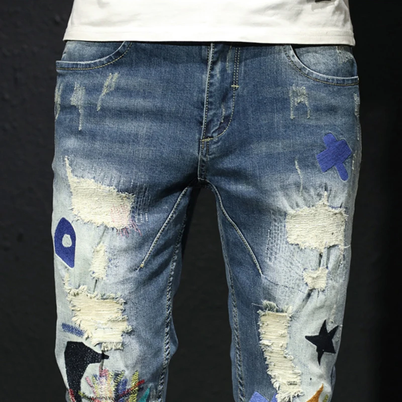 Flash Sale Aolamegs Jeans Men Colorful Patch Casual Hip Hop Style Denim Advanced Broken Hole High Quality Tight Jeans Streetwear Autumn