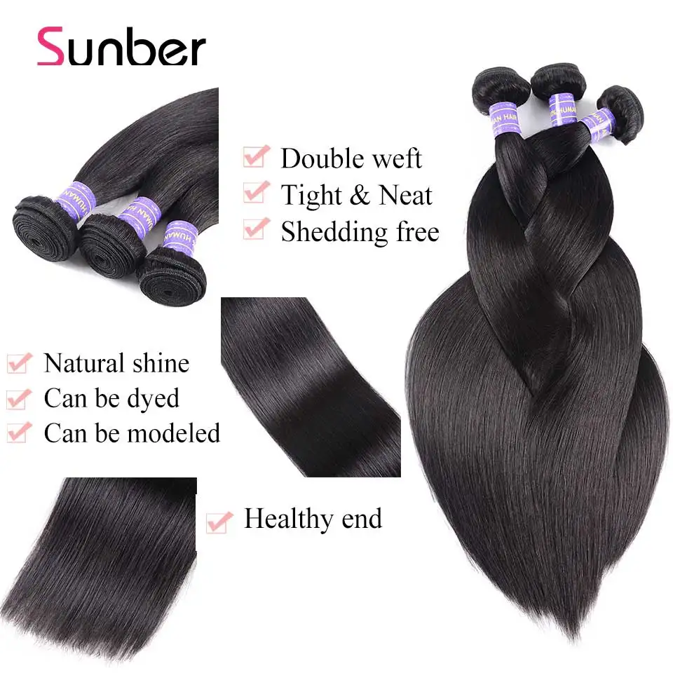 SUNBER волосы бразильские прямые 3 пучка Remy ткет 8 30 дюймов могут быть окрашены