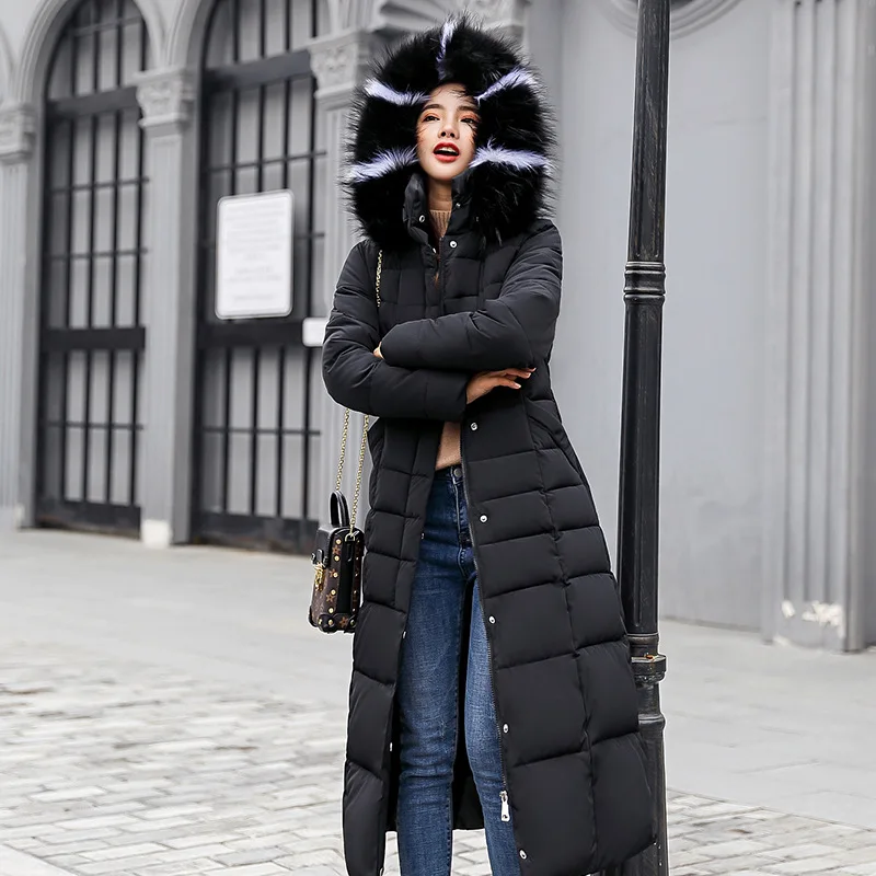 Куртка с хлопковой подкладкой длинная модная зимняя куртка женская толстая пуховая Парка женская тонкая Меховая куртка с воротником зимняя теплая куртка для женщин - Color: Black