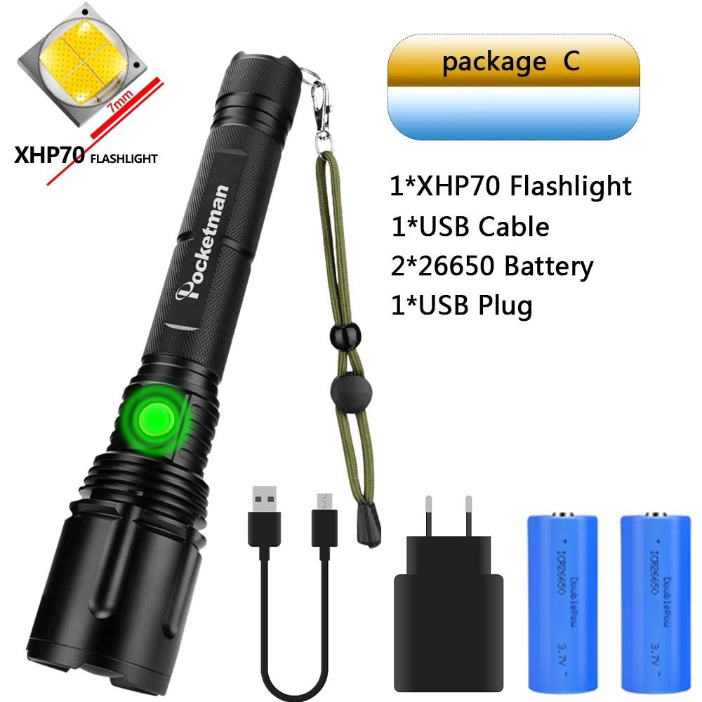 Package C Самый мощный светодиодный фонарь XHP70.2, перезаряжаемый фонарь XHP50, usb-фонарь с зумом, XHP70, Охотничья лампа, 26650, для рыбалки - Испускаемый цвет: Package C