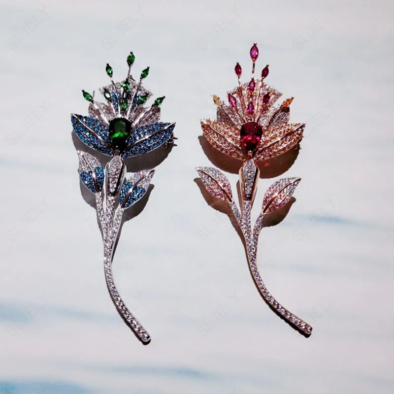 

SLJELY High Quality Soild 925 Sterling Silver Blue Pink Flower Brooch Inlay Cubic Zirconia Stones for Women Luxury Party Jewelry