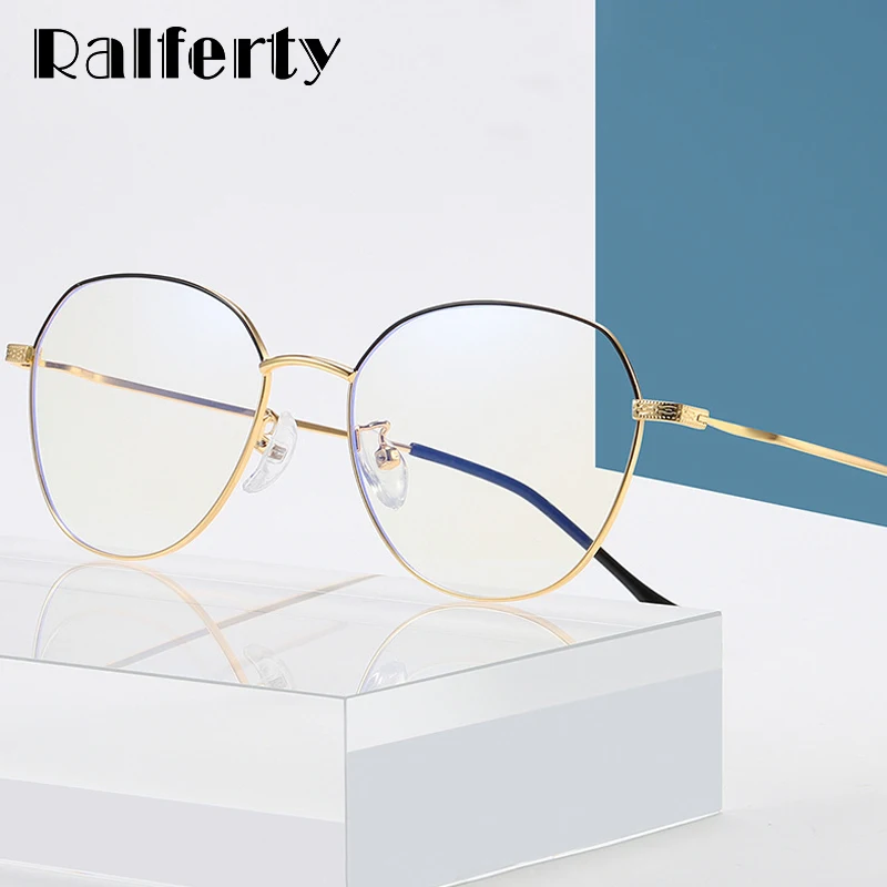 Ralferty, женские очки, синий светильник, очки для компьютера, круглая металлическая оправа для очков для близорукости, модные очки D2105