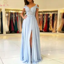 Светильник синий Разделение официальная Вечеринка платья A-образной формы с длинными Для женщин платье для выпускного вечера с открытыми плечами с аппликацией из кружева и шифона вечерние платья, платье на выход