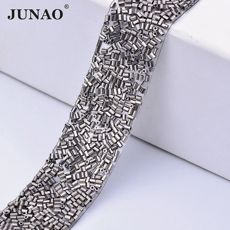 JUNAO 2.3*36cm Gray Inlaid Tube Rhinestone Ribbon Hot-Fix Strass Mesh Chain Non Sewing Crystal Stones Band Trim For Home Textile