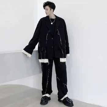 

Men 2 Piece Suits Sets (jacket+pant) Broken Style Male Japan Streetwear Vintage Loose Casual Blazers Suit Jacket Pant