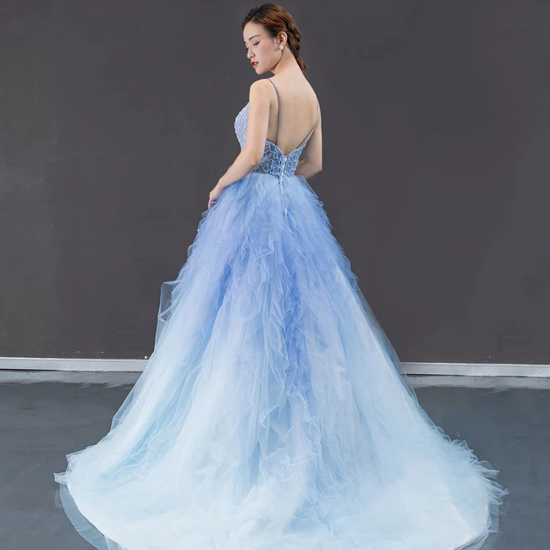 RSM66989 Blue Elegant Flowy Sexy Sling Evening Dress Pearl Beading Pattern Design Frill Lace Backless Gradient Long Skirt 3