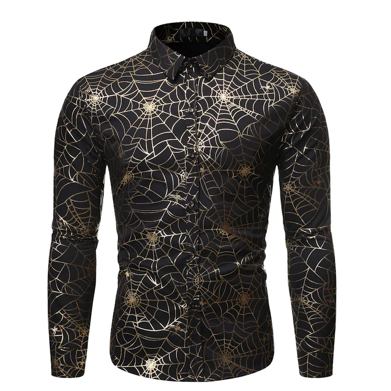Золото паутина Фольга рубашка с принтом Для мужчин Camisa Masculina брендовая приталенная одежда с длинным рукавом, Мужская одежда, рубашки, черные социальные рубашки мужские