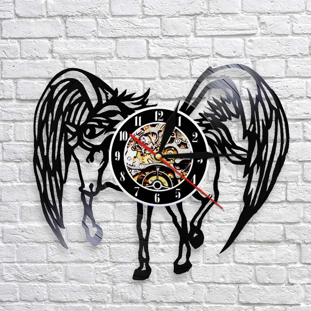 Pegasus настенные часы старинные настенные художественные фантастические животные лошадь Виниловая пластинка часы лошадь с крыльями ангела декоративные часы лошадь