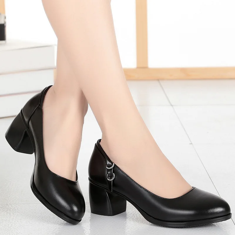 

Spring And Autumn New Style Shallow Mouth Single Shoes Women's Chunky-Heel Leather Shoes Work Shoes Semi-high Heeled Female Blac