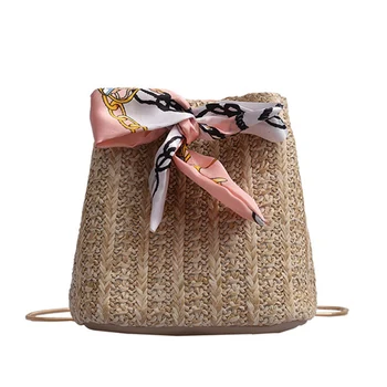 

Women Vintage Joker Crossbody Fashion One Shoulder Drawstring Dumplings Straw Bags Beach Messenger Summer Rattan Cross Body Khak
