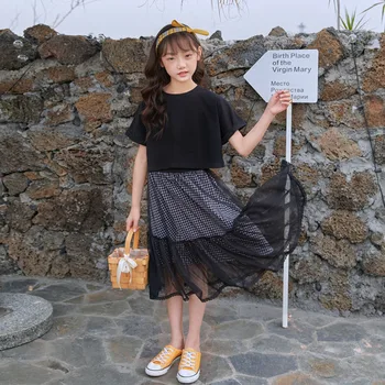 

YourSeason Summer Black Dress Suit 2020 New Teen Girls Leisure Short Sleeve Tops And Plaid Mesh Skirts Fashion Two Piece Set