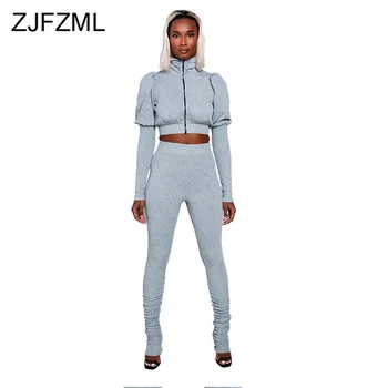 

Casual Two Piece Set Tracksuit For Women Turtleneck Long Puff Sleeve Crop Top+High Waist Pencil Pant Sweat Suit Matching Outfit