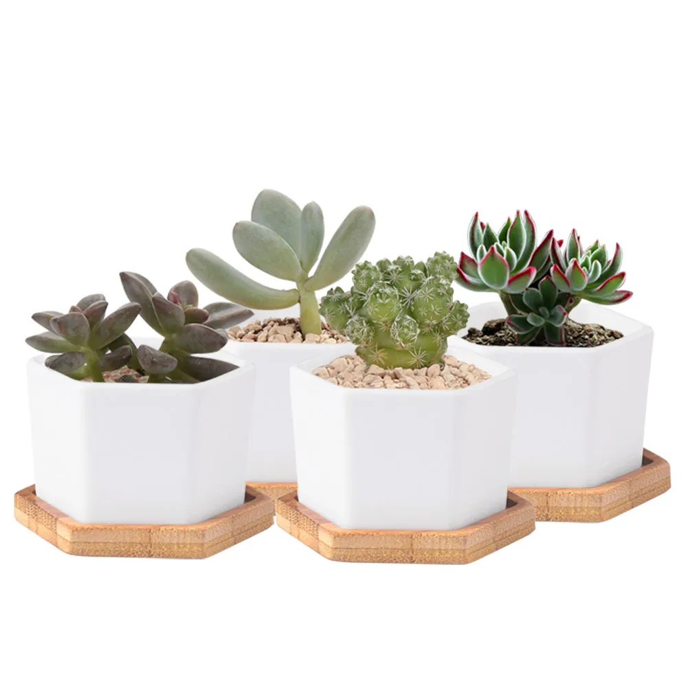 4pcs WITUSE 4 шт./компл. белый Керамика цветочных горшков для украшения балкона для сада с шестигранной головкой горшка лоток из глазурованного фарфора бонсай ящик для комнатных растений - Цвет: 4pcs