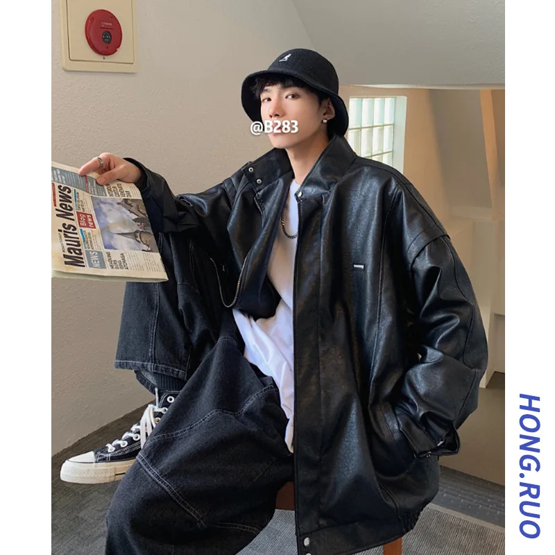 

2020 Spring Clothing New Style Leather Coat Trend Men And Women Oversize Stand Collar Leather Jacket Korean-style INS Hong Kong