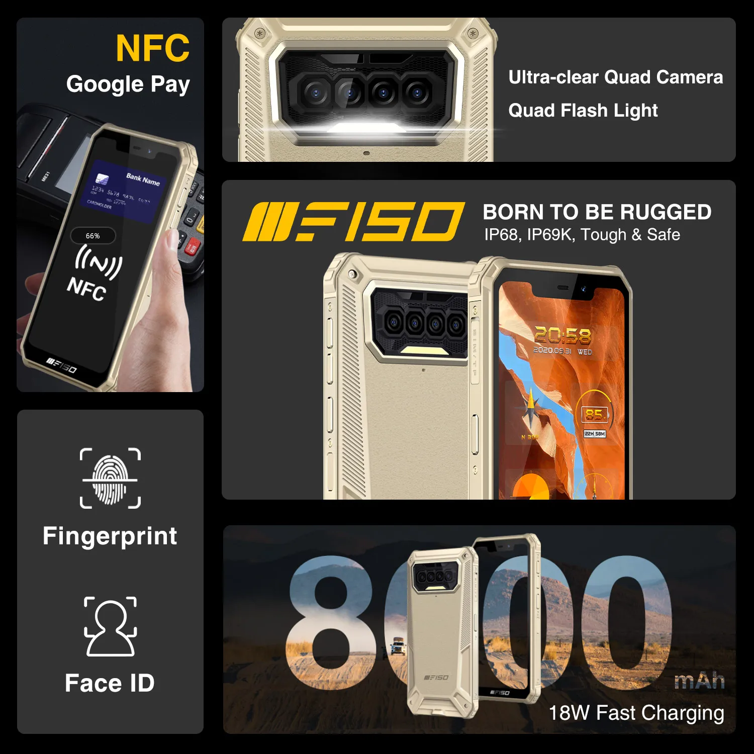 Oukitel F150 IP68/69K Rugged SmartPhone 6GB+64GB 8000mAh Octa Core Mobile Phone NFC 5.86'' HD+ MediaTek Helio G25 13MP Camera