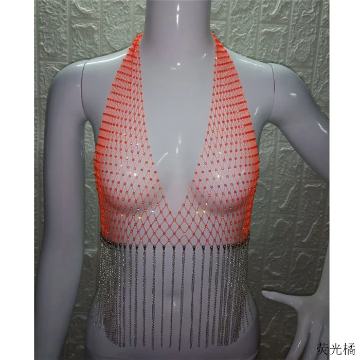 Блестящая СТРАЗА в сеточку Camis Женская Глубокий v-образный Вырез Холтер топик без спинки Camis Летняя мода сексуальное платье для вечеринки кисточка Camisole - Цвет: Neon Orange
