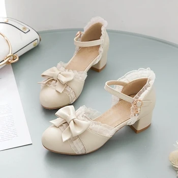 

Lolita leather shoes blue white red lolita schoolgirl soft shoes round head bow court style