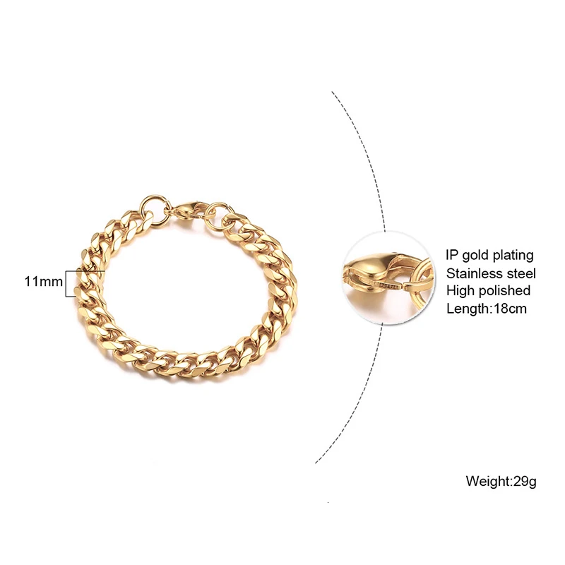 Men’s Bracelet Curb Cuban Link Chain Stainless Steel Mens Womens Bracelets Bangle Gold Tone No Fade 3mm to 11mm
