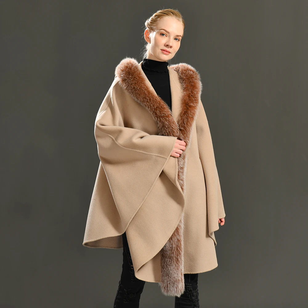 

Jxwatcher Fall Wool Cloak Coat Real Fur Collar Winter Women Long Cape Cloak Hoodies Poncho Warm Wool Trench Outwear Windbreaker