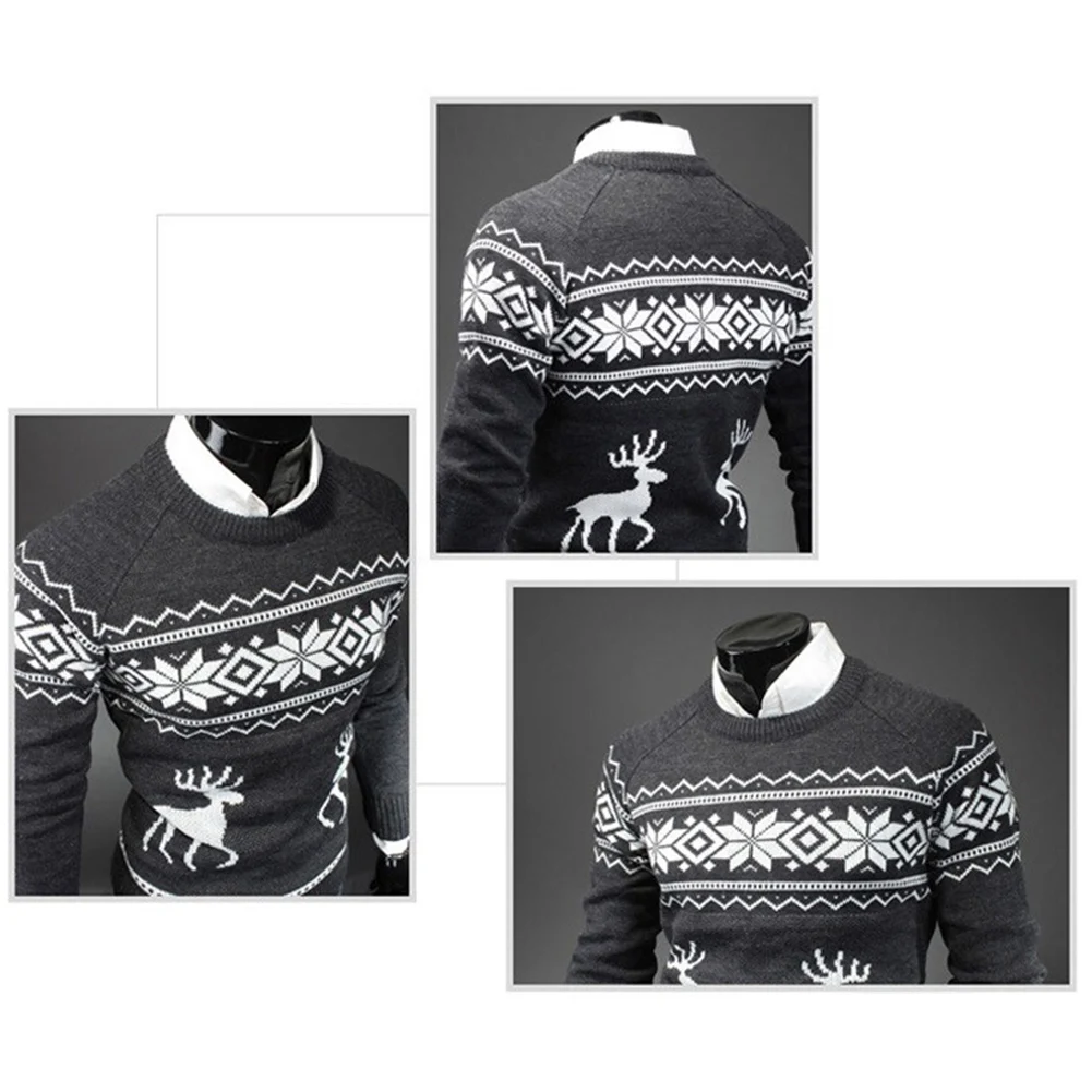 Осенне-зимний мужской свитер, пуловер, водолазка с рождественским оленем, свитер с принтом, повседневный облегающий вязаный свитер, Рождественский мужской свитер
