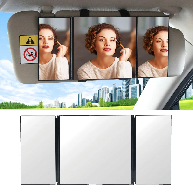 Car Makeup Mirror 3 Section Folding Cosmetic Mirror Auto Sunshading