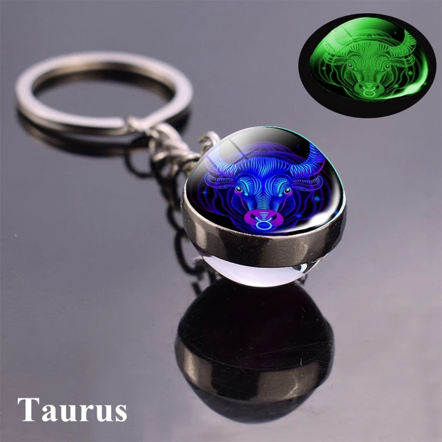 12 Constellation Luminous Keychain Glass Ball Pendant Zodiac Keychain Glow In The Dark Key Chain Holder Men Women Birthday Gift Taurus Blue