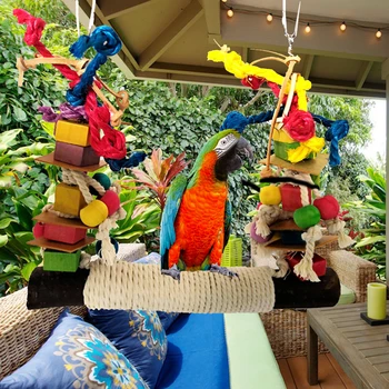 

Pet Bird Parrot Chew Toy Bird Perch Leather Colorful Wood Building Block Cotton Rope Big Swing Bird Supplies Dropshipping
