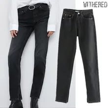 Withered england simple high street Fork opening straight black woman regular high waist jeans boyfriend jeans for women
