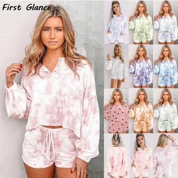 

The Four Seasons Home Wear tie-dye Printed Loose T-shirt Pullover Head And Long Sleeve Shorts Set For Woman Pajamas Set