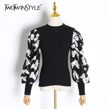 

TWOTWINSTYLE Patchwork Embroidery Sweaters Female O Neck Lantern Long Sleeve Ruched Lace Hit Color Women's Sweater 2020 Fashion