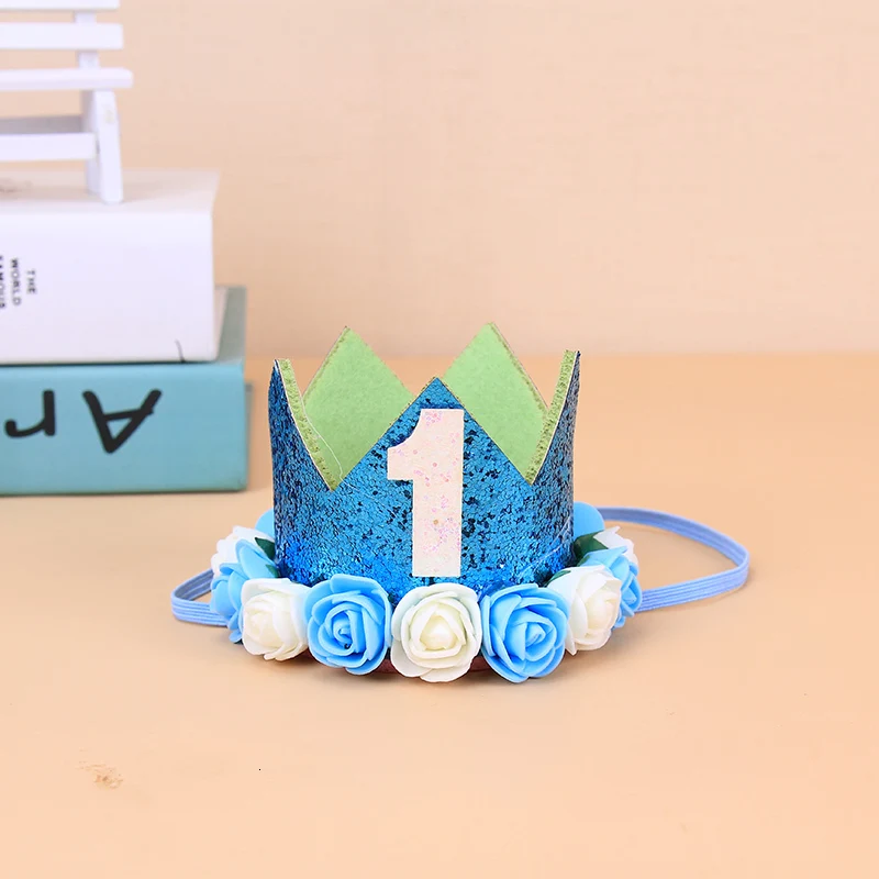 Baby Girl Boy One 1 2 3 4 5 6 7 8 9 years old hat crown headbands decoration For children birthday party decorations - Цвет: Blue 1 age