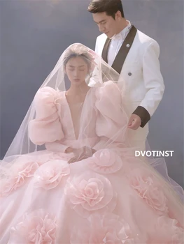 Dvotinst Women Photography Props Elegant Wedding Dress Puff Sleeve Tutu Pink Korean Formal Dresses Studio Shooting Photo Clothes 1