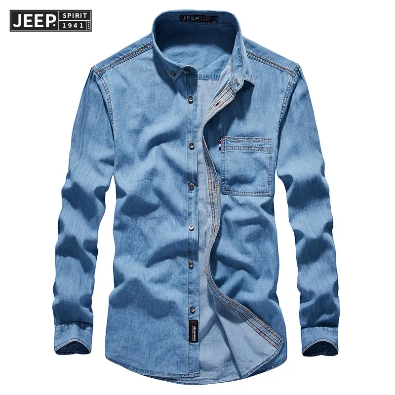 JEEP Spirit New Autumn Man Dress Denim Cotton Casual Shirts Solid Color Shirt Men Military Long-Sleeve High Quality Shirt