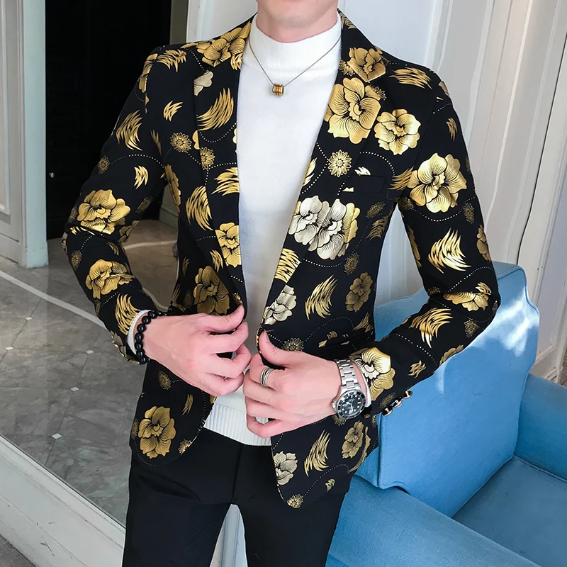 Мужской деловой облегающий цветочный костюм Элегантная золотистая и