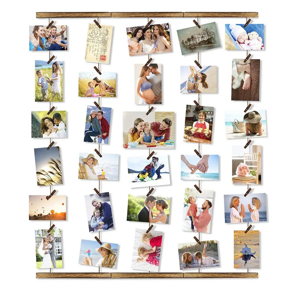 

Hanging Display Wooden Photo Frames for Wall Decor 30 Clips & Adjustable Twines Collage Artworks Prints Multi Pictures Organizer