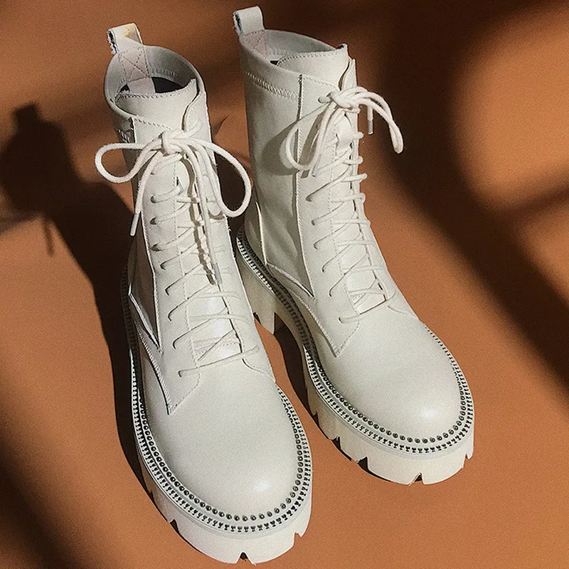 White Leather Platform Motorcycle Boots Round Toe Lace Up European Street Fashion Shoes Women Ankle Boots Black Size 42