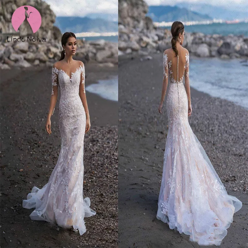 Boho Vestido De Noiva Свадебные платья с длинными рукавами и кружевами Русалочки на заказ, пляжные свадебные платья с открытыми плечами